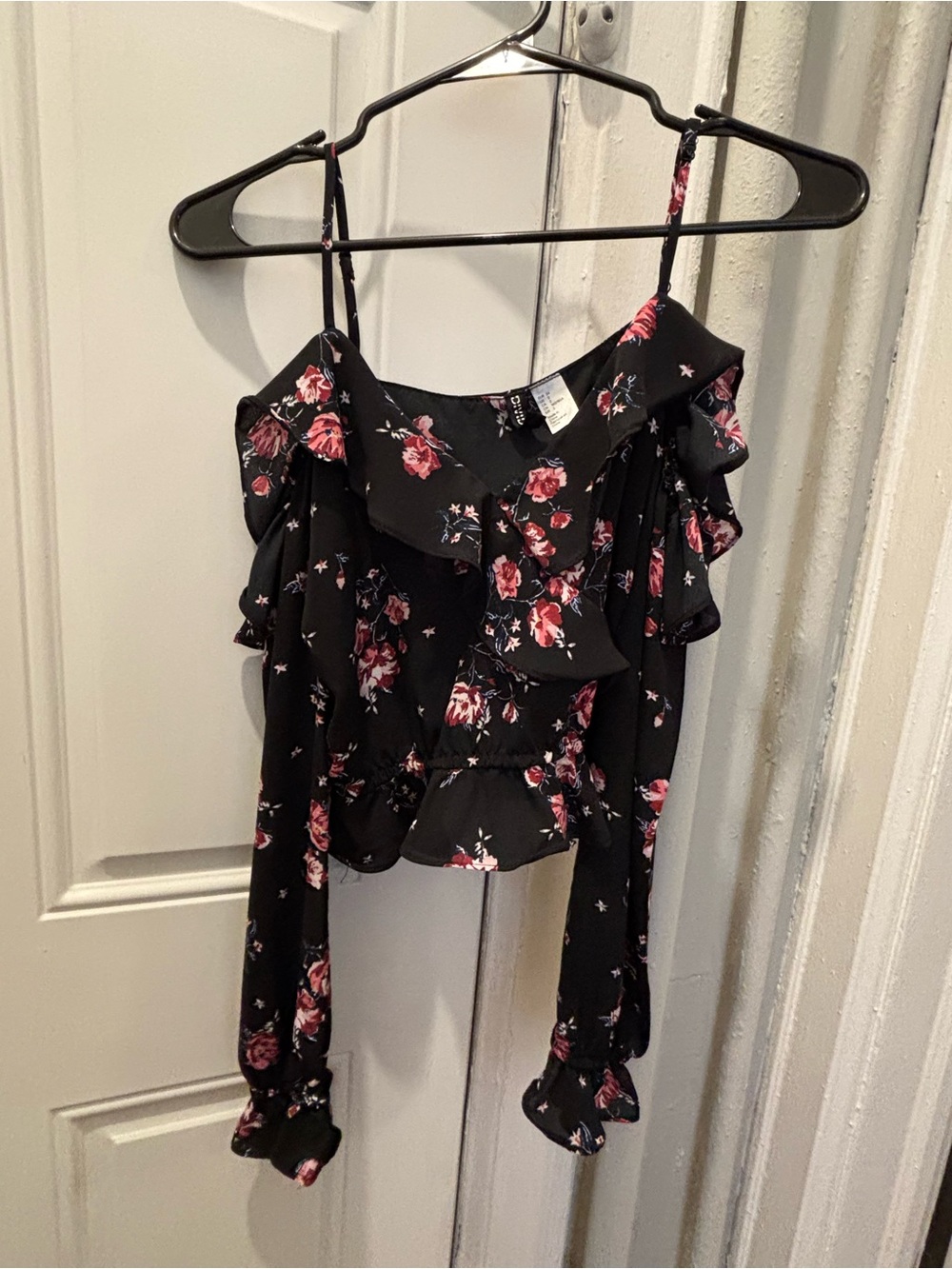 H&M Black Long-Sleeve Off-Shoulder Top with Pink Floral Print
